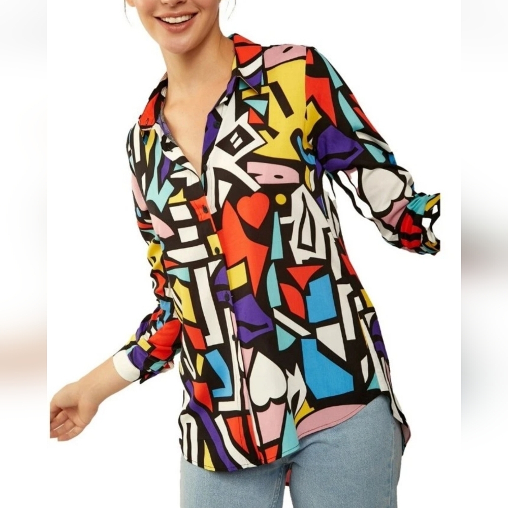 NWT Big Dart Abstract Art Shirt High Low Hem Color Block Womens US Size 8 UK 12